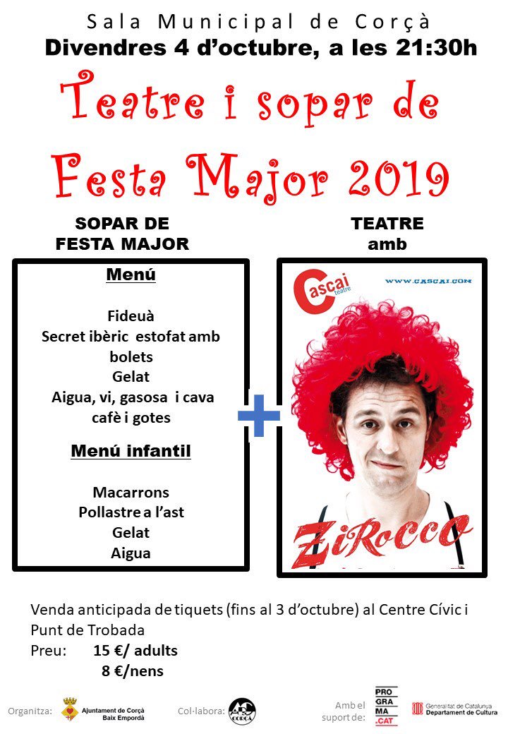 FMCorsa's tweet photo. ‼️SOPAR I TEATRE‼️

Divendres 4 d’octubre, a les 21:30 h, sopar i teatre amb @CascaiTeatre.
_
#Corçà #Corça #estemdefesta #FestaMajor #FMCorçà #Empordà #BaixEmpordà #Catalunya #cultura #visitempordanet #música #activitats #surtdecasaemporda https://t.co/3GOcio70TO