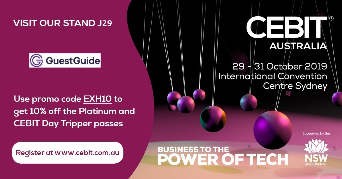GuestGuide will be exhibiting at the 2019 @CeBITAus  trade show held at the International Convention Centre from the 29th-31st October! Come visit us to find out how you can integrate technology into your business! #cebitaus #cebit #technology #innovation