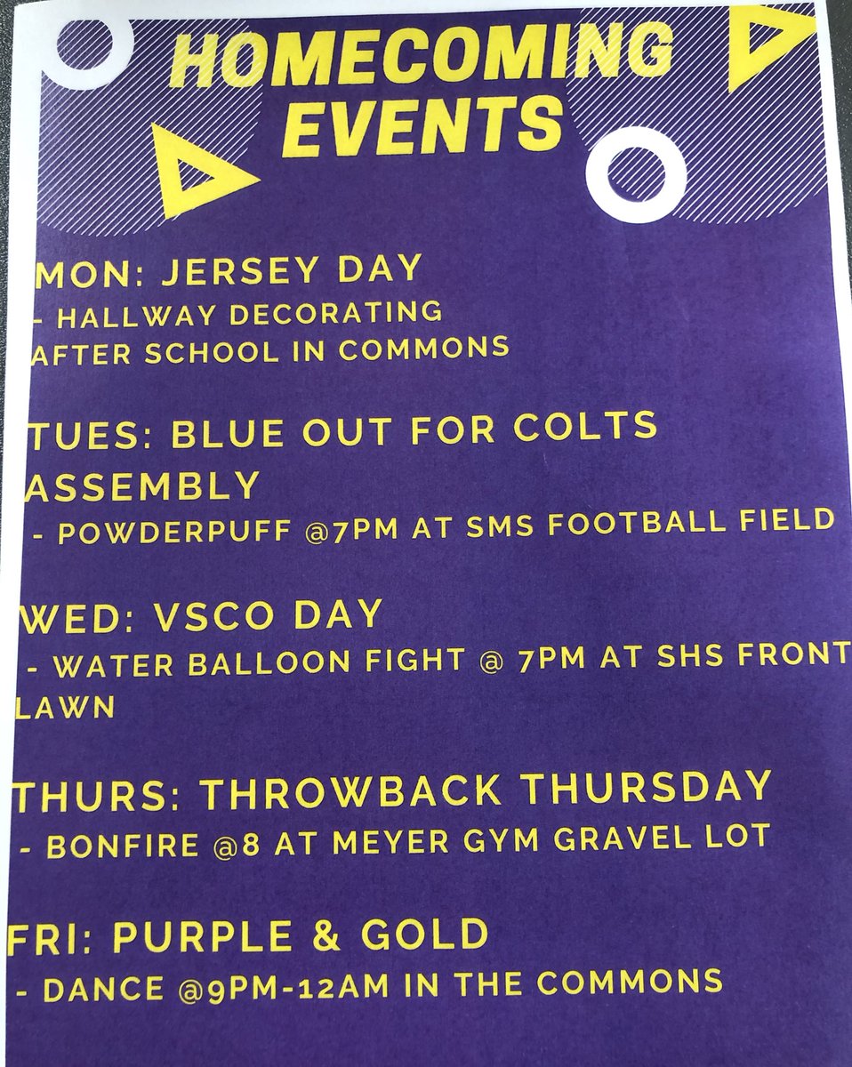 Here is the list of events/themes for homecoming week!! It’s going to be a fun week so come out to all of these events! 💛💜🏈