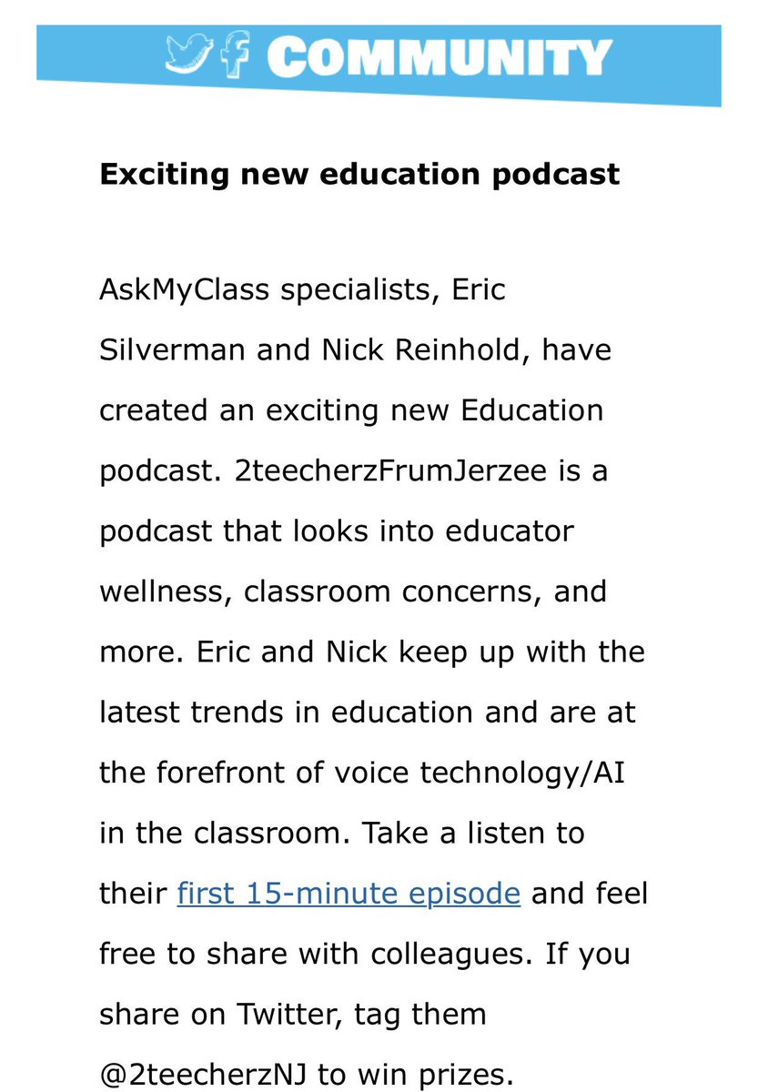 Love that my weekly <a href="/askMyClass/">AskMyClass - Teacher's assistant on Alexa</a> e-mail featured <a href="/MrNReinhold/">Nicholas Reinhold</a> and I, and our podcast <a href="/2teecherzNJ/">2Teecherzfrumjerzee</a> . Thanks for sharing the love Aparna, Deeps, and Emily!