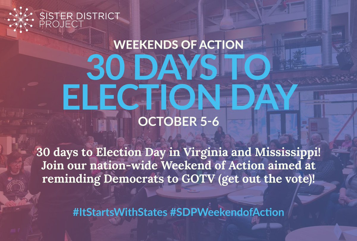 States_Win's tweet photo. It's just 30 days until Election Day in Virginia and Mississippi! 

Join our nation-wide Weekend of Action aimed at reminding Democrats to GOTV (get out the vote)!

https://t.co/YR79XZsZ7M

#SDPWeekendOfAction
#BlueWave https://t.co/7WlQAms5ie