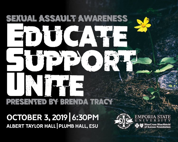 esuthrive's tweet photo. @SOSKansas has partnered with @emporiastate to bring @brendatracy24 to our campus! Tracy is a survivor of sexual assault and the founder of the national #SetTheExpectation campaign! The first 500 people get a free shirt! And the event is FREE!! https://t.co/huawzvVfgP