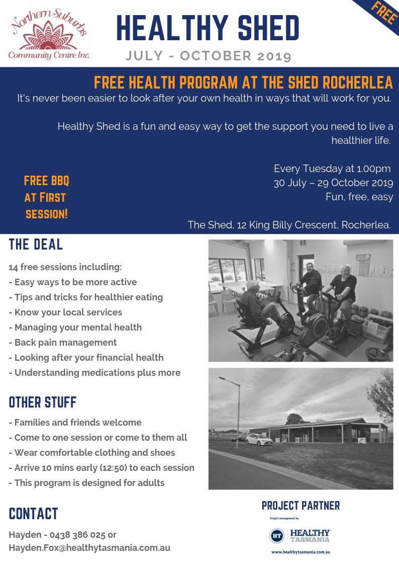New shed + healthy program = healthy shed 
Still plenty of free sessions left. You can just turn up on the day to register :) 
<a href="/healthytas/">Healthy Tasmania</a>