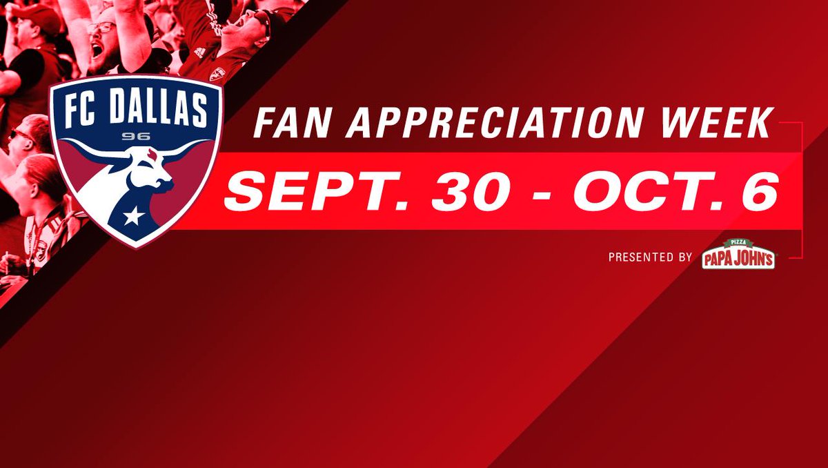 FCDallas's tweet photo. You've been with us every step of the way and we want to say THANK YOU!

Simply comment, like or RT this post for a chance to win a matchday experience for four (4) for the 10/6 match plus a large @PapaJohnsNCTex pizza! 

Fan Appreciation Week Calendar: https://t.co/PWW4O3KoDQ https://t.co/16usy90A9g