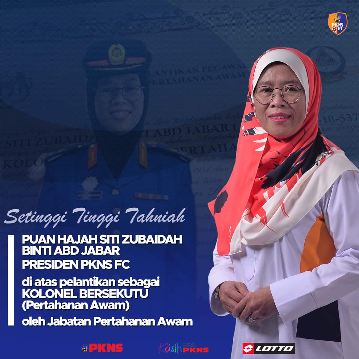 PKNS FC merakamkan setinggi-tinggi tahniah kepada Presiden Kelab, Puan Hajah Siti Zubaidah Abd. Jabar di atas watikah perlantikan sebagai Kolonel Bersekutu (Pertahanan Awam) oleh Jabatan Pertahanan Awam baru-baru ini.

Selamat berkhidmat Kolonel Bersekutu Hajah Siti Zubaidah!