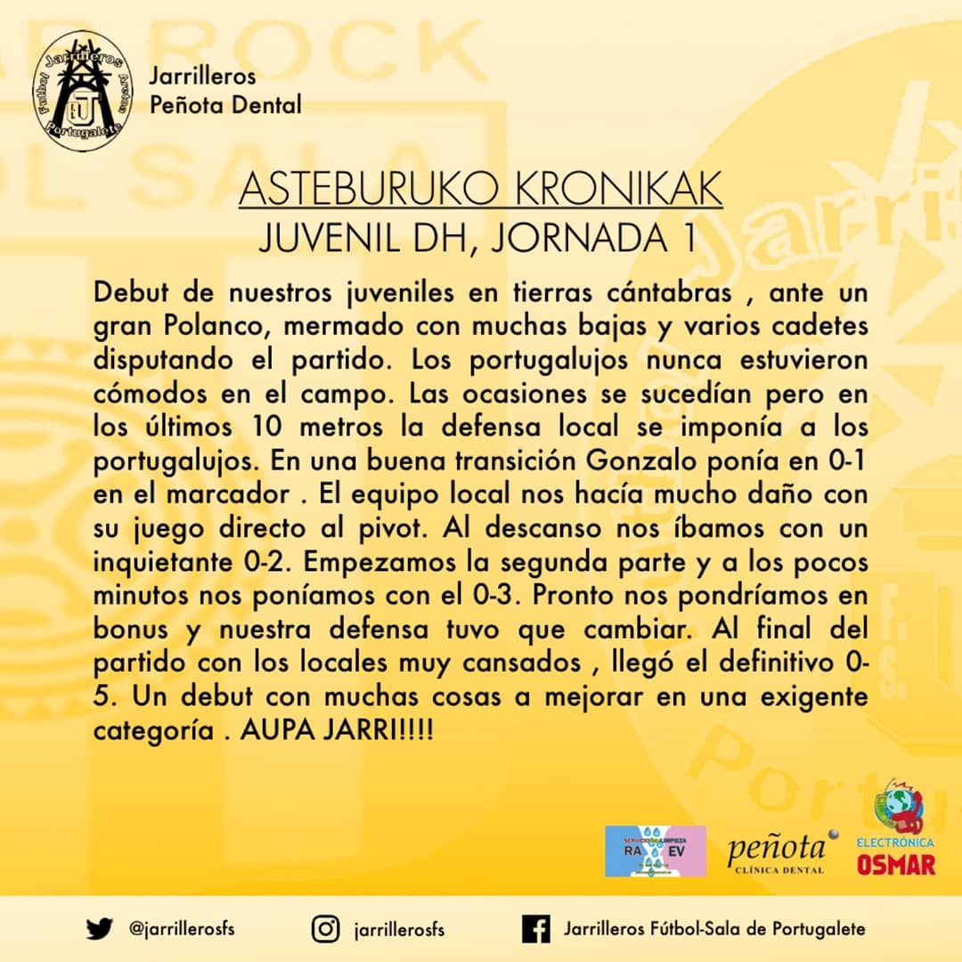 Egun on Jarris 🙋🏻‍♂🙋🏼‍♀

Hauek dira asteburuko gure bi partiduen #Kronikak💪🏻

Primeras jornadas de liga para nuestro #Senior #LigaVasca y para nuestro #Juvenil #DivisiónHonor Victoria para nuestros 2 equipos 💪🏻

#Kronikak #DenboraldiBerria #Futsal #AretoFutbola #Liga #Jornada1