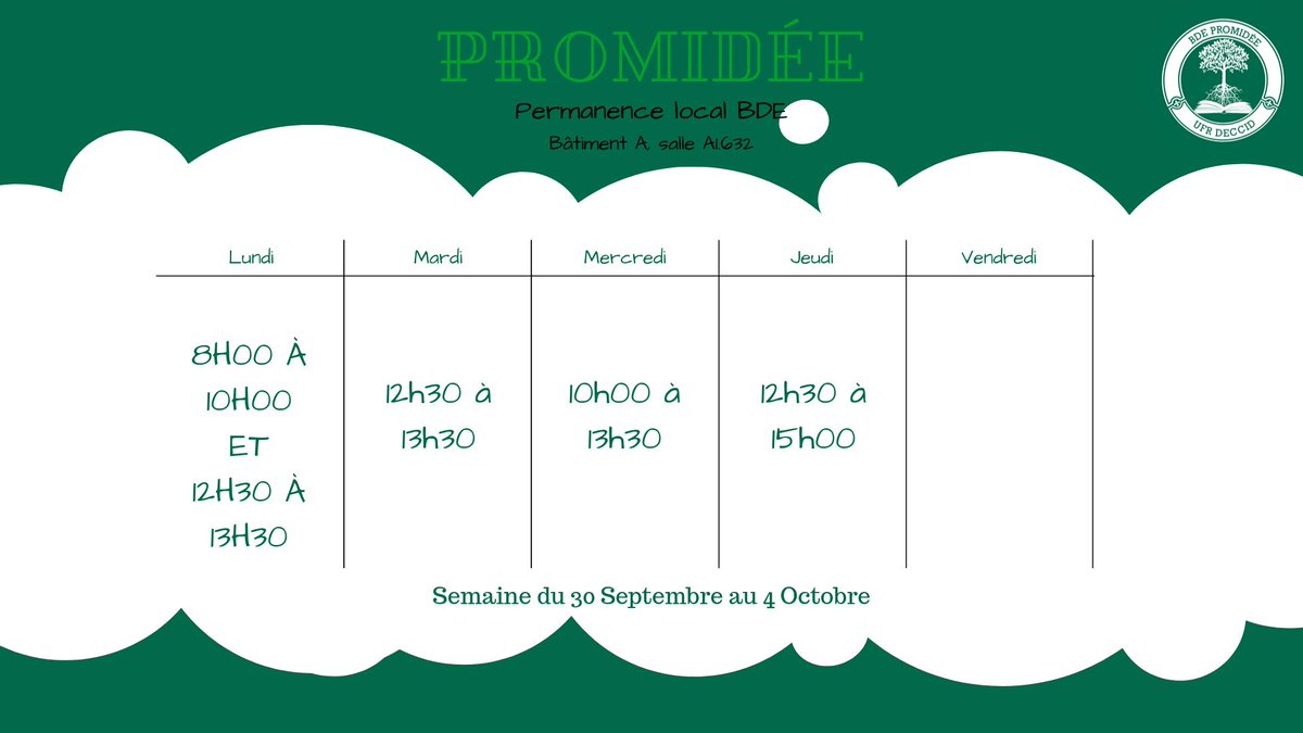Promidee's tweet image. Bonjour à tous ! 😉

Voici (un peux tardivement !) le planning de la permanence de la semaine du 30 Septembre au 4 Octobre 2019.

Bonne semaine à tous !