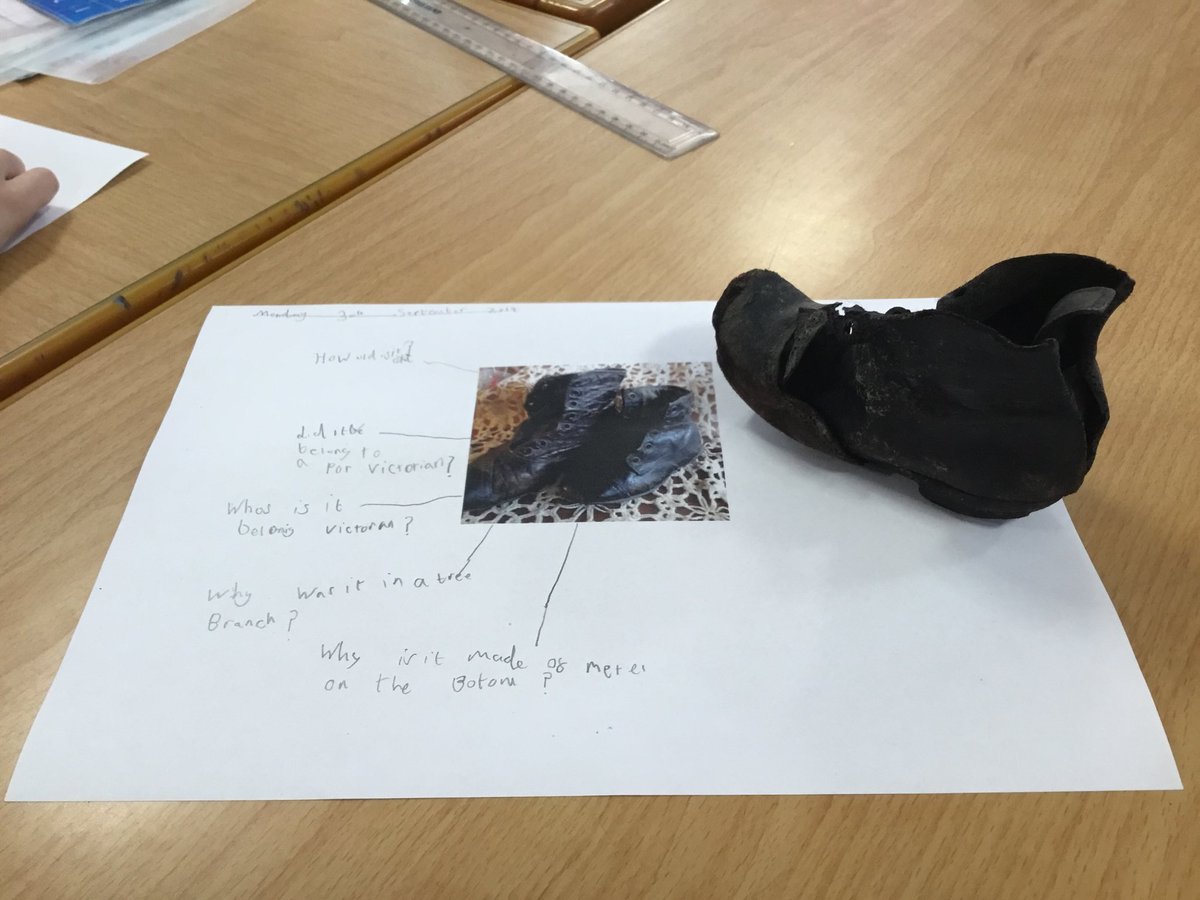 brocktonprimary's tweet image. C2 are writing questions about this old boot. Is it Victorian? Who did it belong to? How was it made? #historicalinvestigation