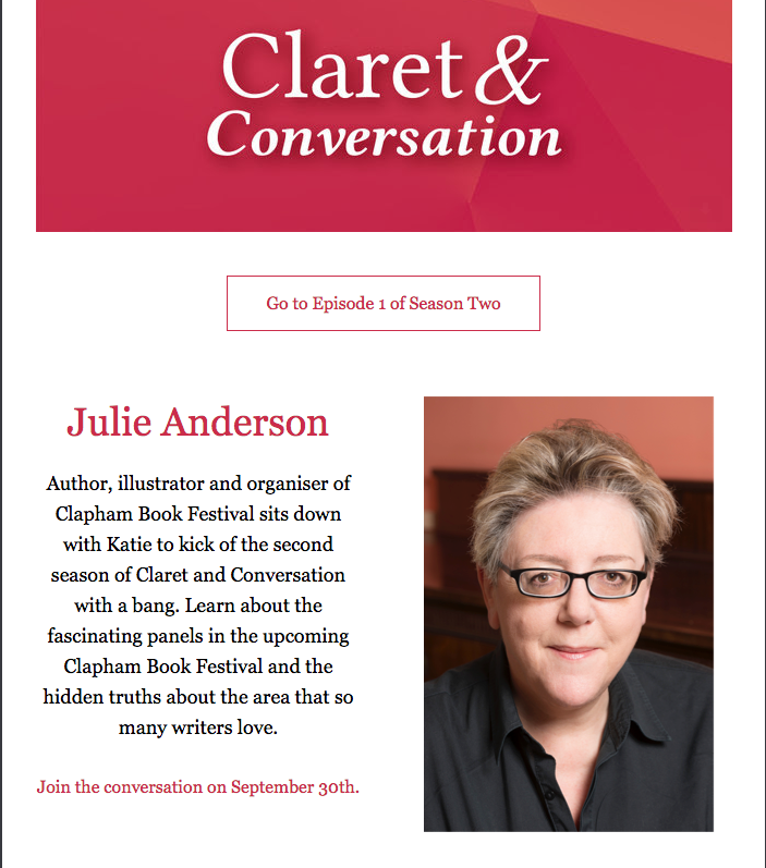 ClaphamCPS's tweet photo. Claret and Conversation Podcast with Julie Anderson. We talk #books, #libraries, #Clapham, #Spain and its #Reconquista. Julie's an introverted extrovert who helped start the @ClaphamBookFest. Join the conversation. 
Available on all platforms. @jjstorybazaar https://t.co/jJXar2AzxD