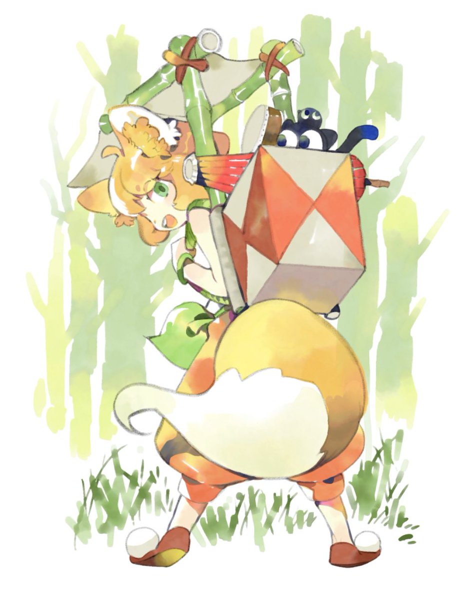 tail animal ears fox tail fox ears 1girl green eyes bamboo  illustration images