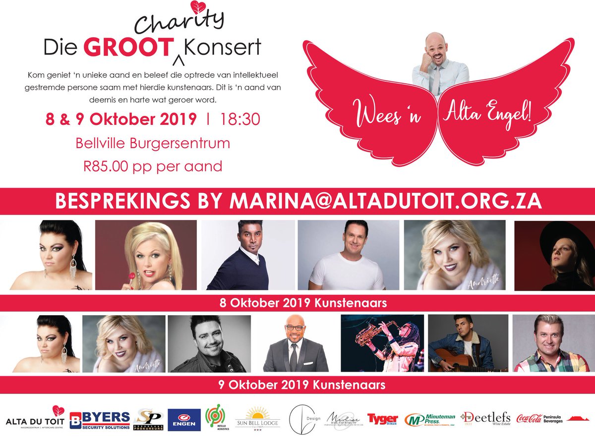 AltaSorg1's tweet photo. ** Charity Konsert **

Die opgewondenheid is groot! Volgende week is die #CharityKonsert by die Bellville Civic Centre!
Ons hoop julle het al julle kaartjies gekoop!

#AltaduToit #Charity #Konsert #Kliente #Kunstenaars https://t.co/Co5QLPPZNr