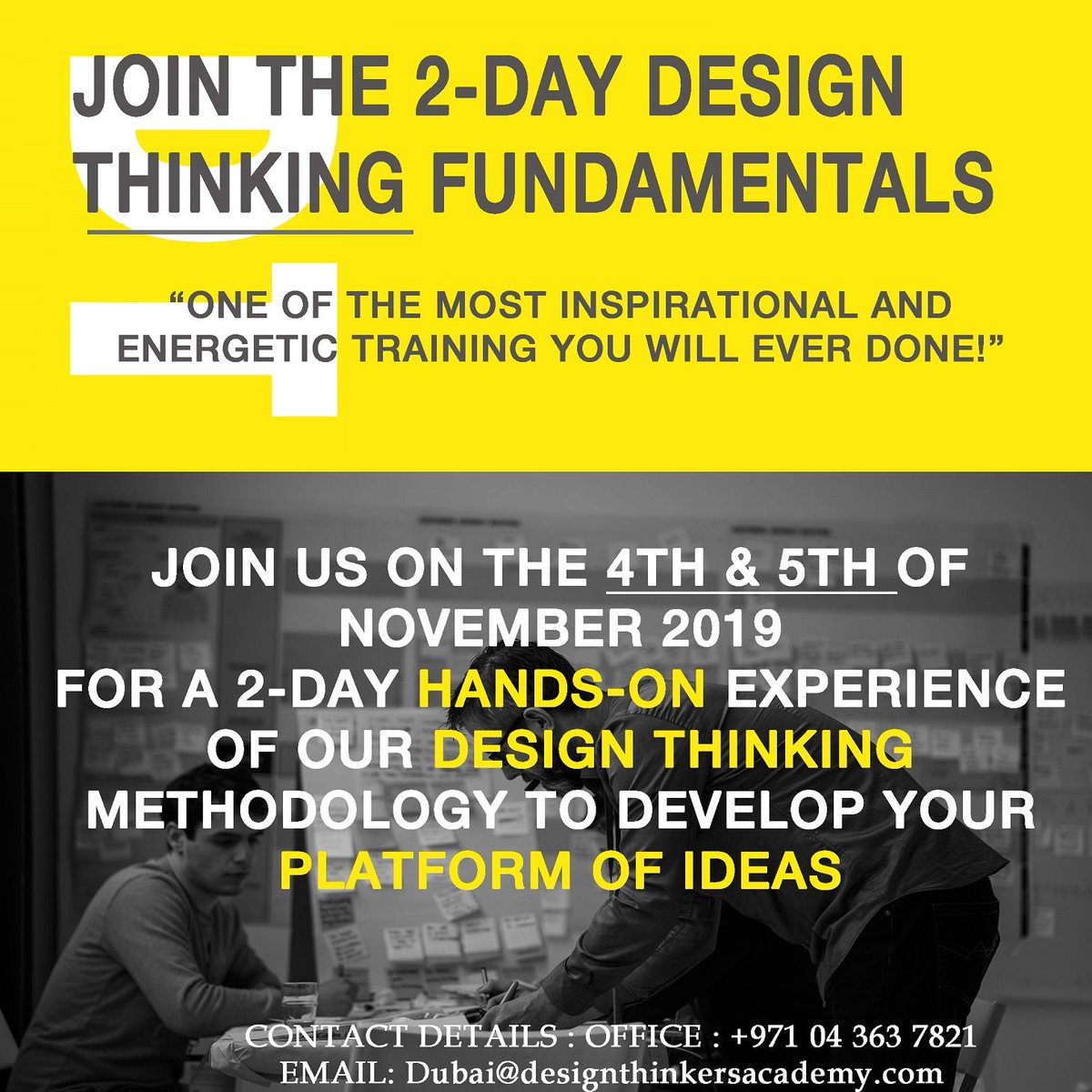 DTA_Dubai's tweet photo. Join our 2-Day Design Thinking Fundamentals Course November 2019 &amp; learn the strategy for innovation &amp; THE human-centered approach to complex problem solving. Registration is now open:  https://t.co/iX43JlPApG https://t.co/Ujoc30PVHv