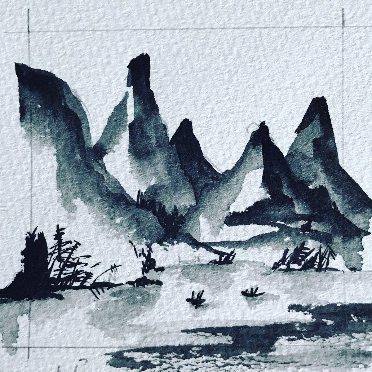 ヤマヤユウチ 画用紙で描く水墨画 画用紙でも墨の濃淡で山水画のような絵はかけます ミニ原画 水墨 山水画