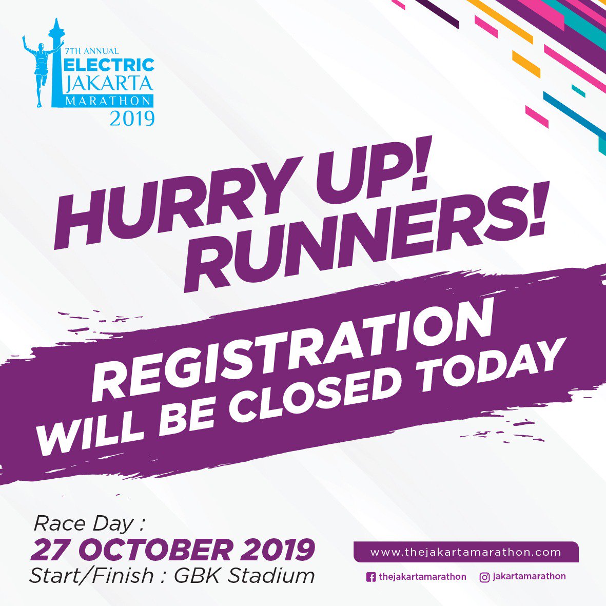 Hurry Up! Registration will be closed today!⁣⁣
⁣⁣
#jakmar2019⁣⁣
#jakartamarathon