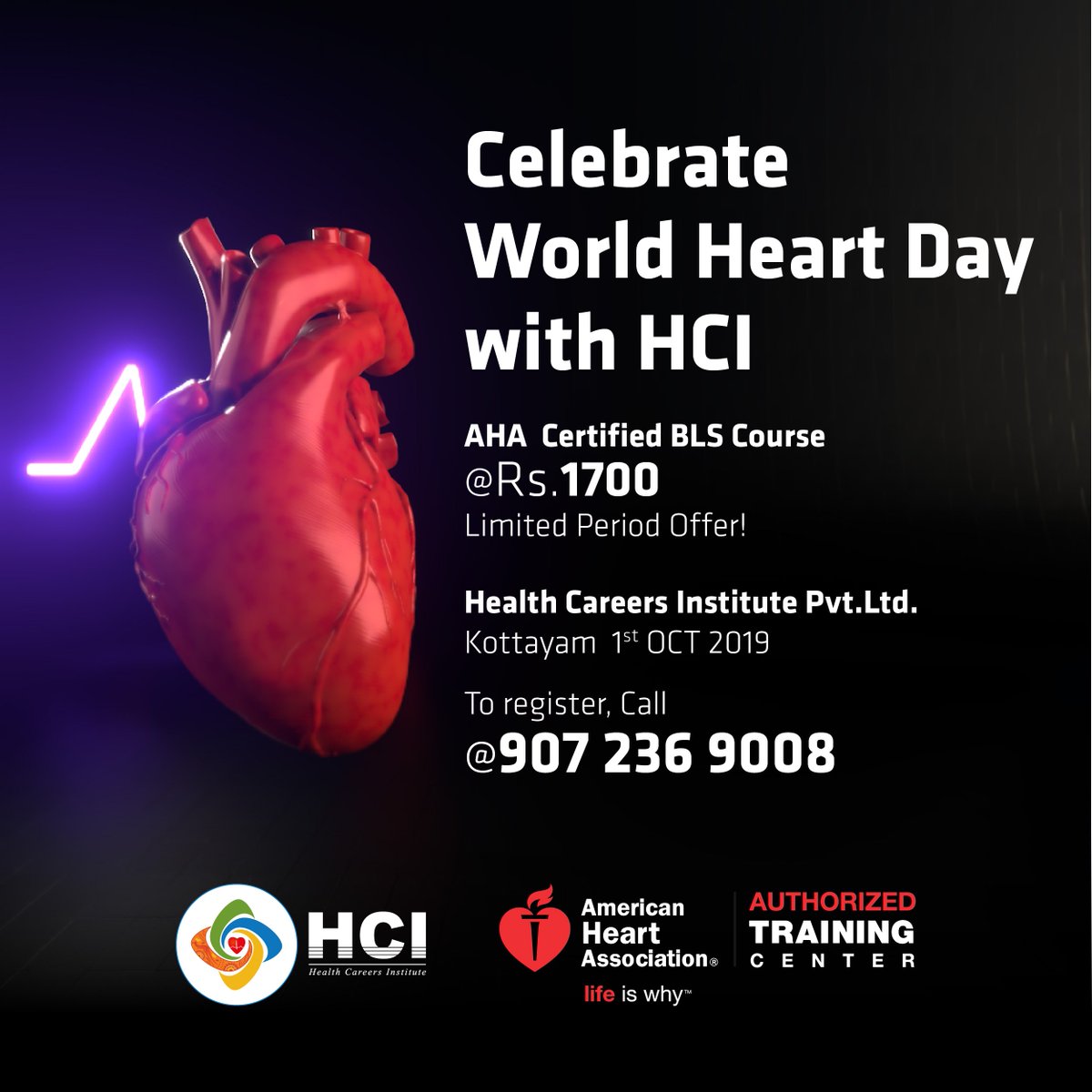 mwtglobalacdemy's tweet image. On the occasion of World Heart Day, we offer deep discounts on our AHA certified BLS course. Learn how to be a first responder and save lives in an emergency! To Register, Call @ 9072369008.
#WorldHeartDay #Healthcareersinstitute #BLSCourse #HCI #kottayam