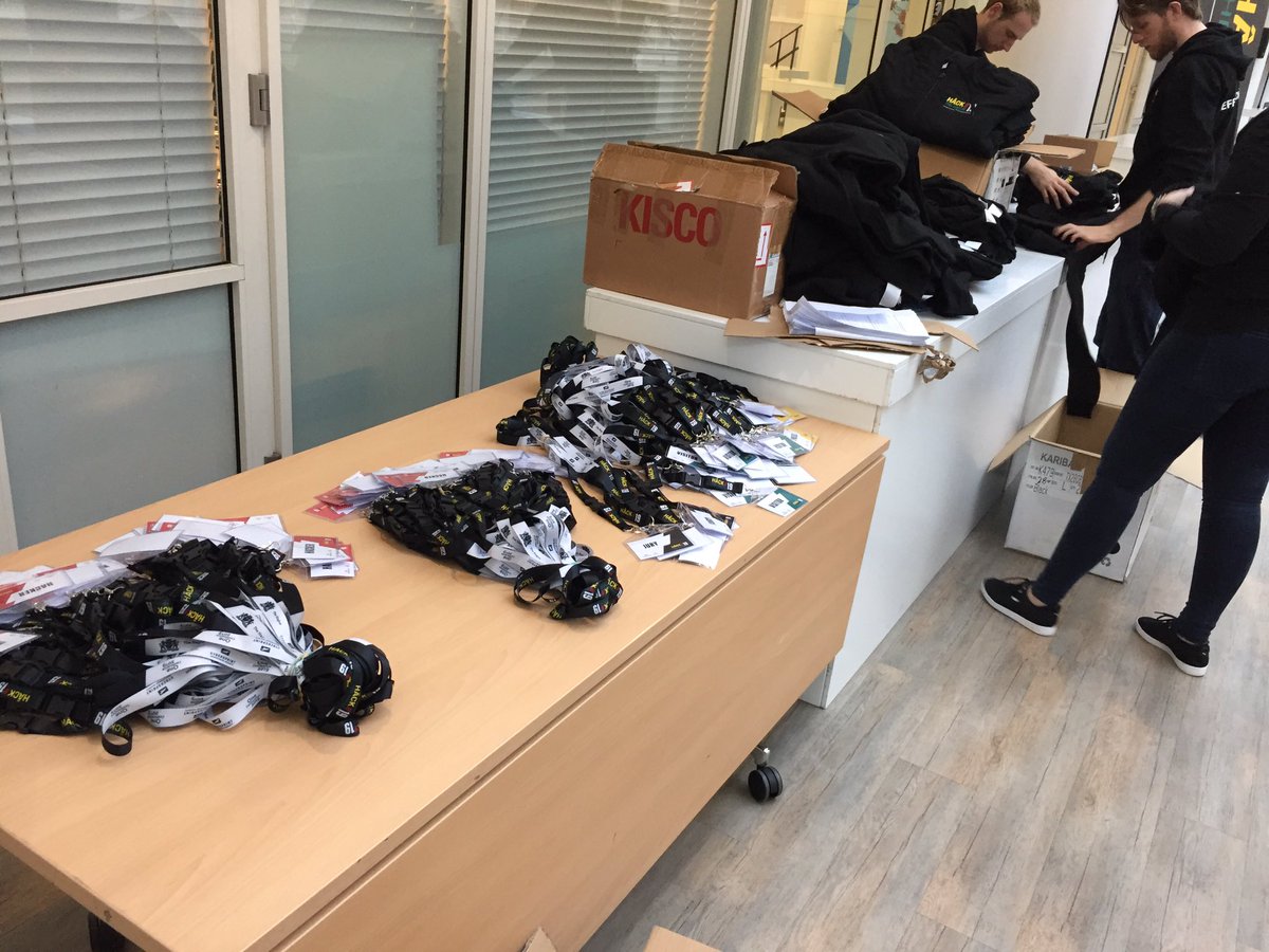 Cvthof's tweet photo. Room, check. Connection, check. Badges, check. Hoodies, check. All set for Hack the Hague 2019 #HTH19 https://t.co/3WnNTL21fY