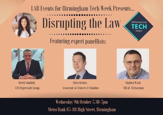 ChrissieWolfe's tweet photo. LAB events is back for 2019! Join me & @BirminghamTech for an evening with an all-star #lawtech panel discussing the impact of #tech across the profession. Sign up quick ππ»ππ»ππ» #lawtech #bhamtechweek #LABevents https://t.co/iQgdvJyOTA https://t.co/musBHL5fTJ