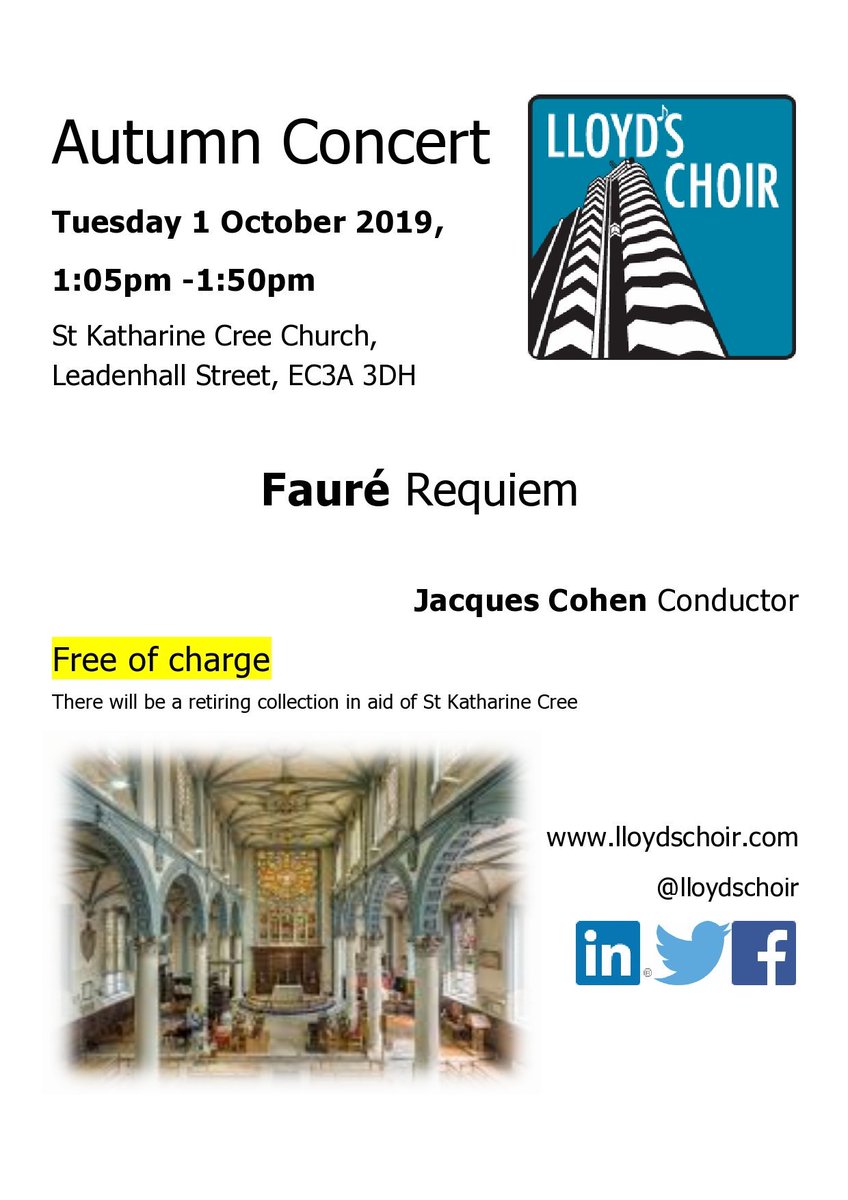 Our #Free #Autumn #Concert is lunchtime tomorrow, Tuesday 1 October! Come hear some gorgeous Fauré in the historic St Kath Cree Church.