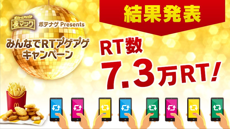 McDonaldsJapan's tweet photo. #マジかよマック な #みんなでRTアゲアゲキャンペーン 結果発表❗❗
みなさんからのRTの結果、ポテナゲ大 半額クーポンを100名様に、ポテナゲ特大 半額クーポンを500名様にプレゼント❗たくさんの応募ありがとうございました✨！ポテナゲは、毎日17時から今日も販売中です！
#夜マック #ポテナゲ https://t.co/dEPEkZc1sL