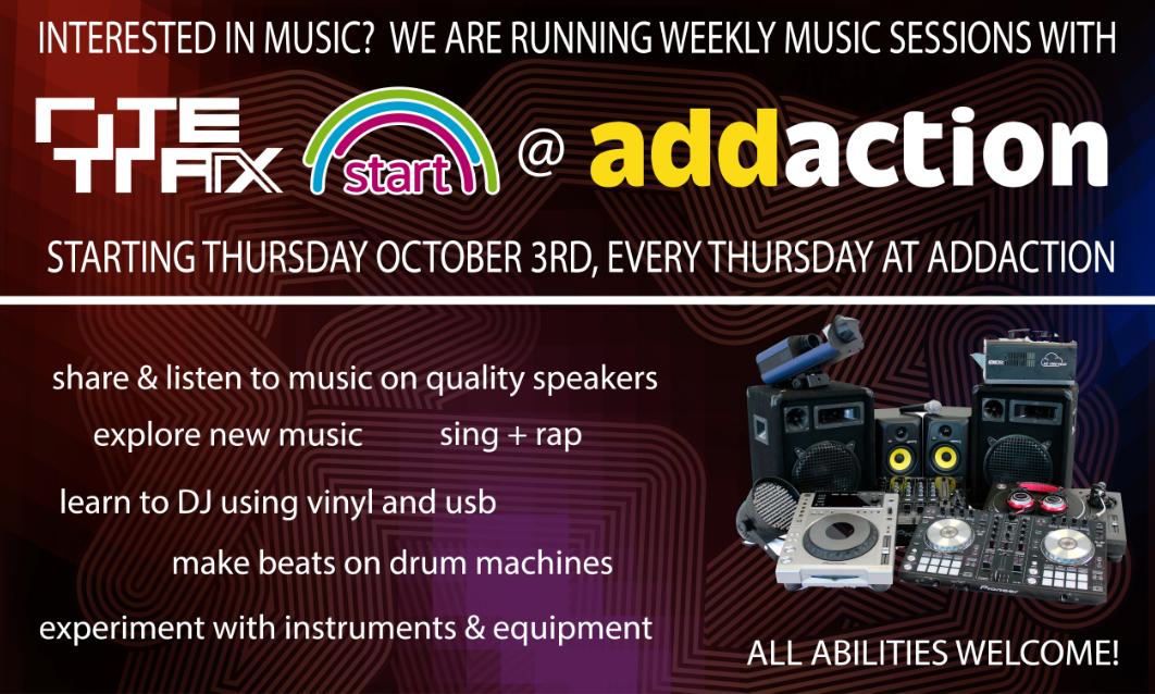 An additional session has been added this week with Rite Trax at Addaction Sheffield. Rite Trax will be joining us tomorrow at 11am towards the end of our Breakfast Club. 
Call in for some free food, great music, a friendly atmosphere and maybe even learn some new skills.