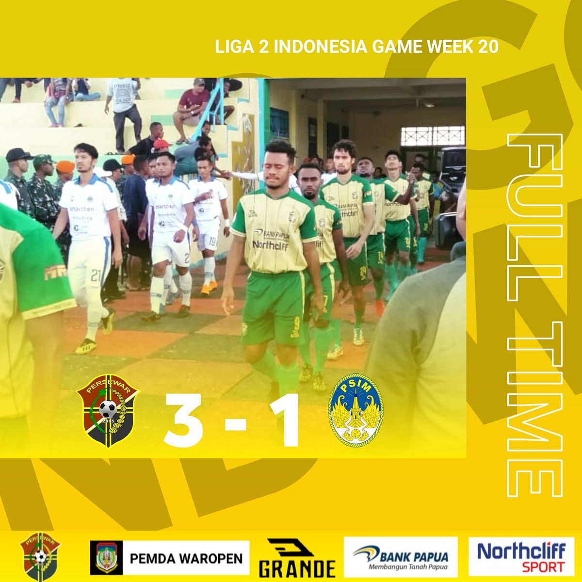 persewarwaropen's tweet photo. Full Time: Persewar 3-1 PSIM Yogyakarta
Terima Kasih Tuhan, Atas Berkatmu kami Tim dapat Menang Hari
Terima Kasih atas Permainannya War Kalian Luar biasa dan Terima Kasih buat Supporter Yang sudah hadir sore ini ππππ
#persewarwaropen #persewarDAY #ndisowosio #ndikarako https://t.co/xMTL6ygtWU