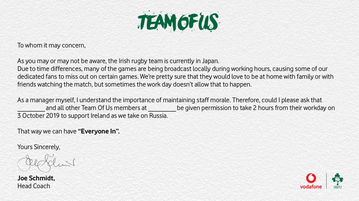 VodafoneIreland's tweet photo. Stuck in work for @IrishRugby v Russia this Thursday at 11:15am? 

Joe might be able to help...

#TeamOfUs Everyone In 
#IREvRUS https://t.co/s0b4kFKF9w