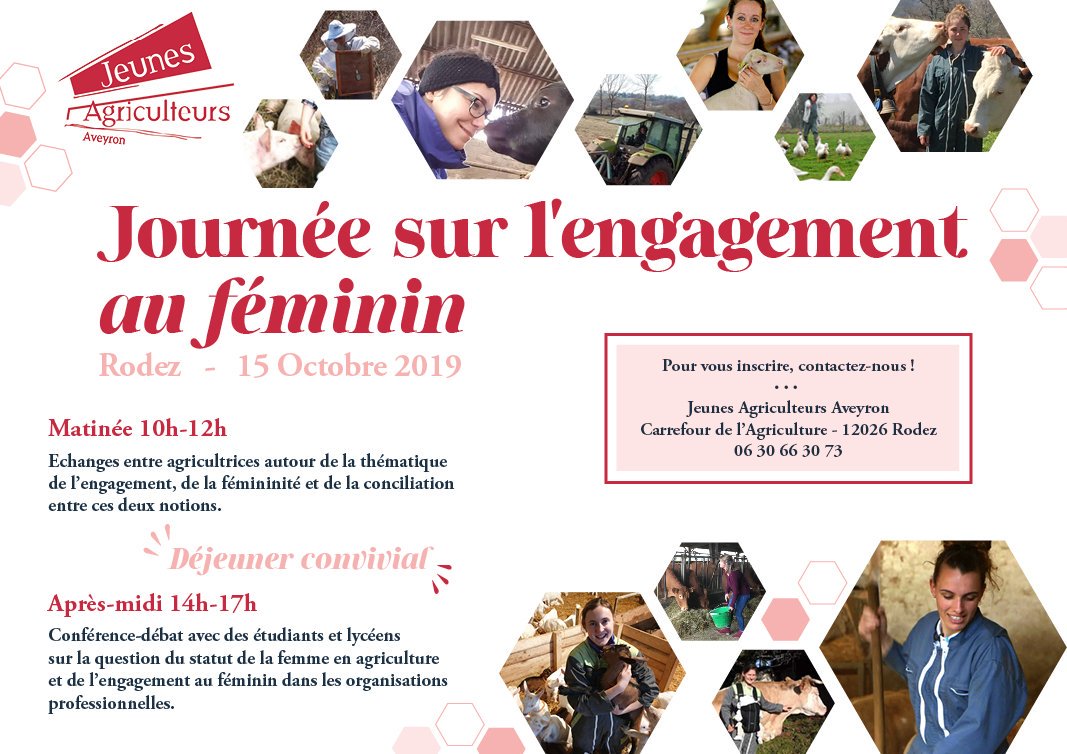 JA Aveyron (@javeyron) on Twitter photo Les Jeunes Agricultrices de l'Aveyron organisent une journée sur l'engagement au féminin. Le 15 octobre, à Rodez.
> Inscrivez-vous !
> Partagez !
#agriculture #agricultrices #femmes #engagement #Aveyron
<a href="/JAveyron/">JA Aveyron</a> <a href="/FDSEA12/">FDSEA Aveyron</a> <a href="/EuPaFa/">Valérie Imbert</a> Les Jeunes Agricultrices de l'Aveyron organisent une journée sur l'engagement au féminin. Le 15 octobre, à Rodez.
> Inscrivez-vous !
> Partagez !
#agriculture #agricultrices #femmes #engagement #Aveyron
<a href="/JAveyron/">JA Aveyron</a> <a href="/FDSEA12/">FDSEA Aveyron</a> <a href="/EuPaFa/">Valérie Imbert</a>