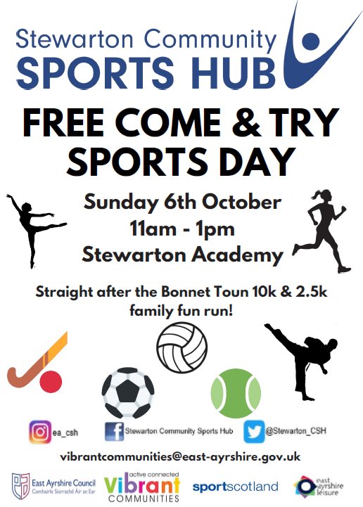 Stewarton_CSH's tweet photo. Come &amp; Try Free Sports tasters from the Stewarton area and take part in the Bonnet Toun 10k &amp; 2.5k fun run this weekend! 
📍Stewarton Academy
📅 Sunday 6 October
⏰10am - 10k 
⏰11am - Come &amp; Try Sports Day

@VibrantEAC @Stewarton_Acad @EALeisure @EastAyrshire https://t.co/WP7UjabwaL