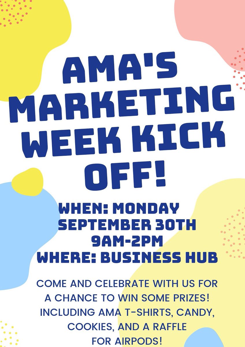 RowanAMA's tweet image. Happy marketing week! We are in the business hub from 9am-2pm having raffles for T-shirts, Auntie Anne’s gift card, and more! We are having an AirPod raffle too! 1 ticket for $1, 8 tickets for $5, and 15 tickets for $10! See you there 🦉