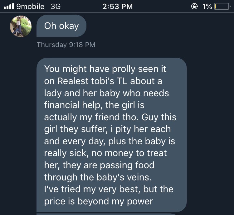 Alex_Houseof308's tweet photo. TWITTER please do your thing 🙏🏼

Got this in my DM.  A young mother needs 600k to sort the bills of her new born child and also to pay the loan they got from the bank.

Nothing is too small, even RTs count

Donate here: 
GT Bank
No. - 0018684329
Name - Aluko Abimbola Aramide https://t.co/bmOOEgEM1B
