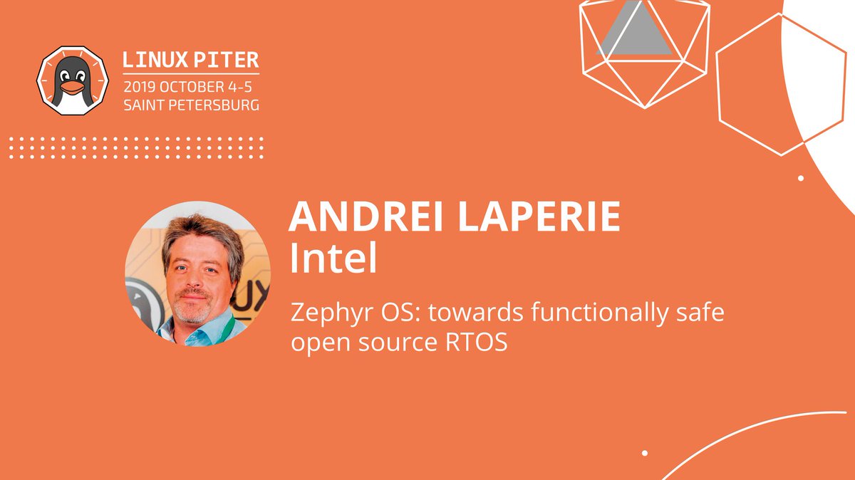 OSTconf's tweet photo. 🗓 4-5 October 2019 / Linux Piter

Speaker: 👤 Andrei Laperie / Intel / Espoo, Finland
Topic: 📋 Zephyr OS: towards functionally safe open source RTOS
---—
https://t.co/3b1OsmSFwI / #LinuxPiter https://t.co/AoSt07S084