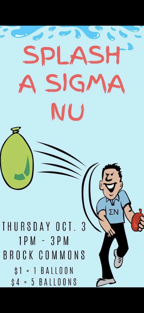 SigmaNuLU's tweet photo. Come throw water balloons at brothers this Thursday on Brock Commons! https://t.co/AEcil2jJ9X