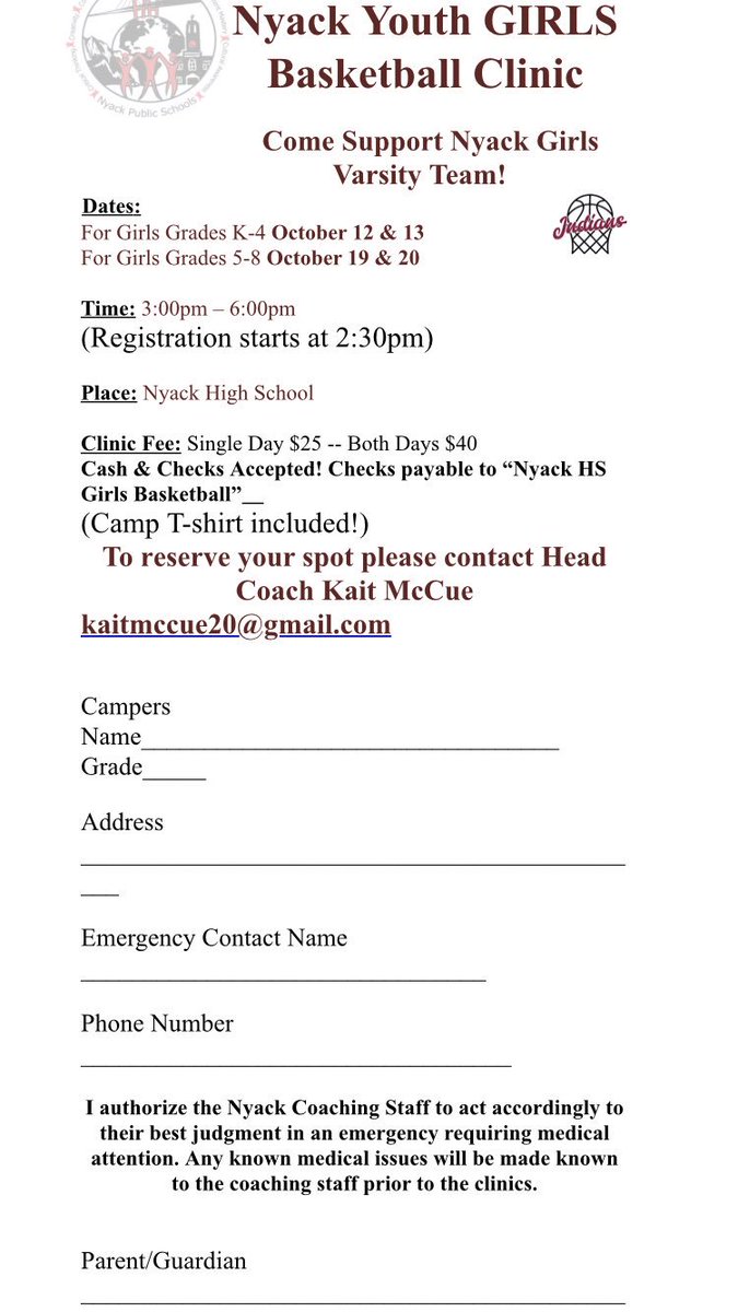 Nyack Girls Basketball Clinic!!!! See dates below- any questions contact head coach Kait McCue kaitmccue20@gmail.com 🏀🏀