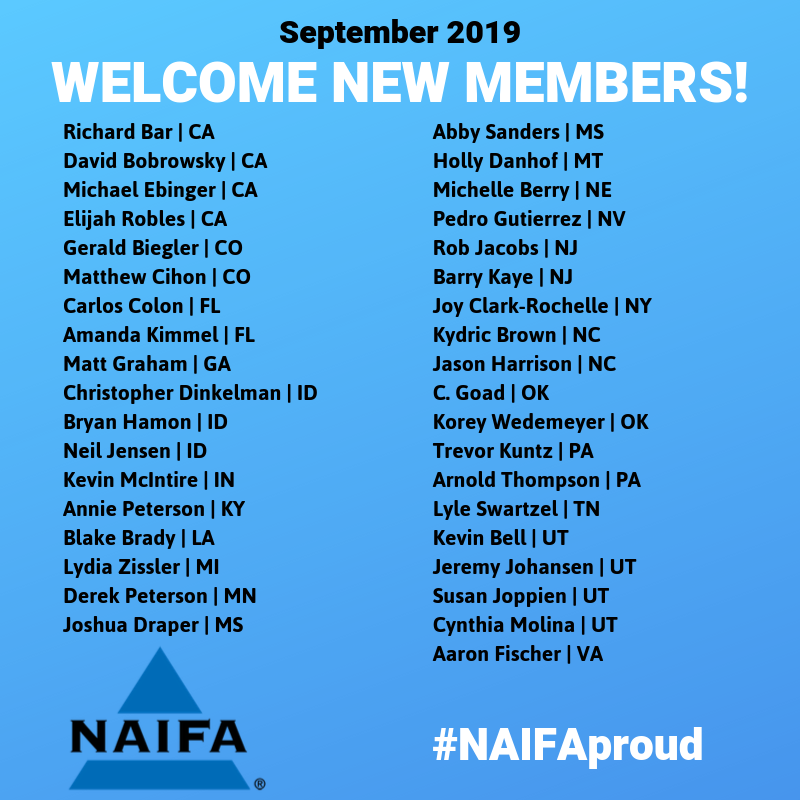 NAIFA's tweet photo. Happy #MembershipMonday from NAIFA! We want to give a warm welcome our new members who joined throughout the final week of September! It's the perfect time to be #NAIFAproud. https://t.co/gfUMAEVXI2