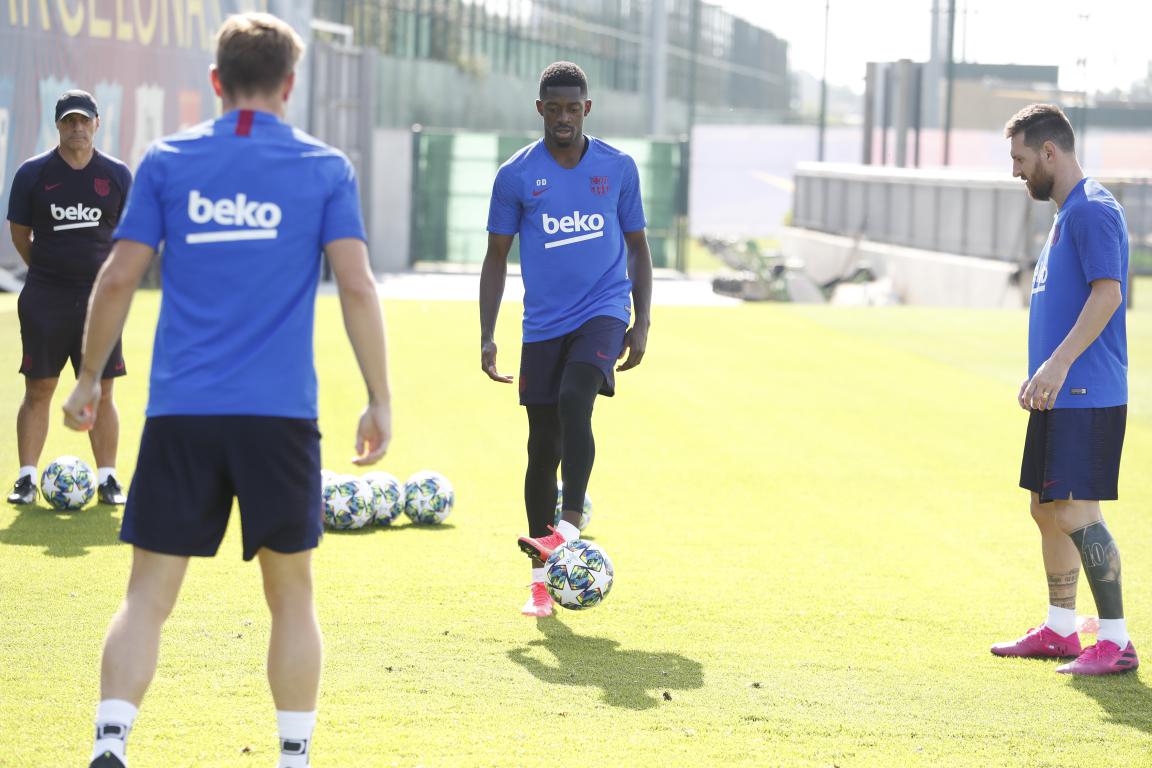 Dembélé, junto a Leo Messi, en la sesión de este lunes del Barcelona (Foto: FCB).