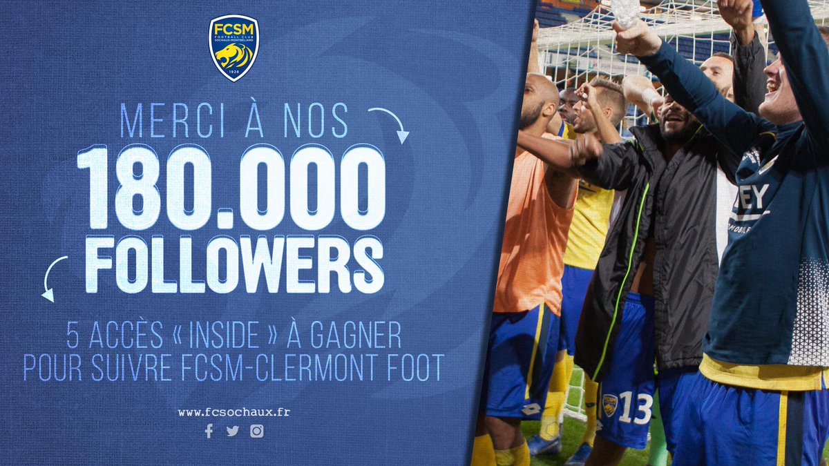 👏😍 Vous êtes désormais plus de 180.000 à nous suivre sur Twitter, MERCI ! 💛💙
🎁 Pour fêter ça, on vous offre 5 accès "inside" pour vivre #FCSMCF63 ce vendredi de l’intérieur.
🔁 Pour participer, il suffit de RT ce tweet, bonne chance ! #JeuConcours