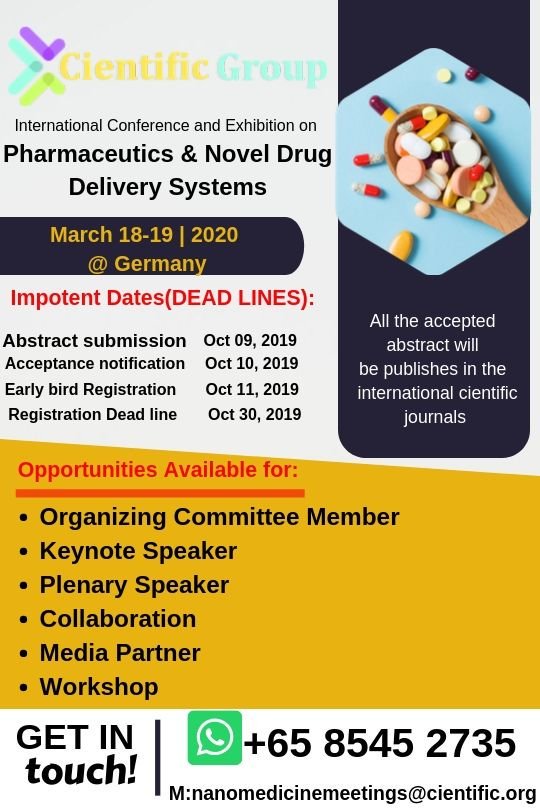 Drug_Delivery's tweet photo. Call for Participants to #Pharmaceutica_2020
Abstract: https://t.co/ZyrbyYb0Sl
Website: https://t.co/6VL8tC4U5G
Mail: nanomedicinemeetings@cientific.org
#DigitalHealth #Retweet #onmedic #pharma #likes #innovations #news https://t.co/gmiqW2y0Bm