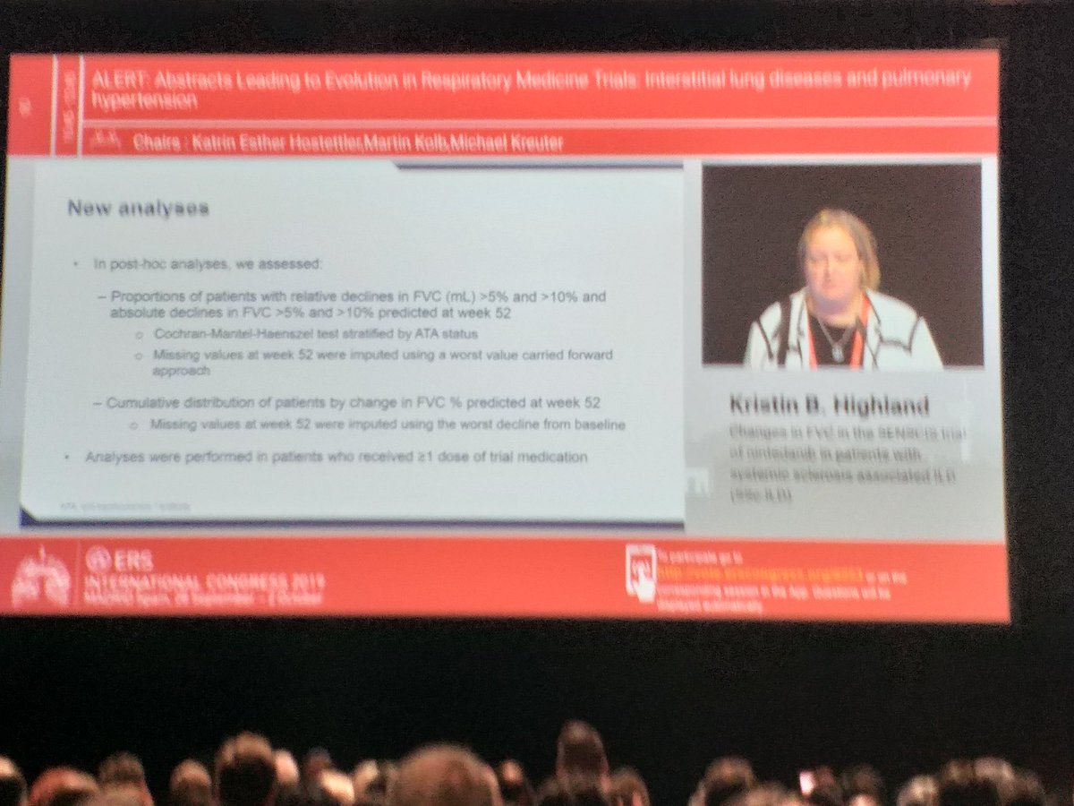 leticiakawano's tweet photo. #ERS2019 #ERSCongress
Yayyy the first woman on stage!!! 🤩
Dr. Kristin Highland on additional analyses of #SENSCIS trial
Relative decline from baseline stratified by FVC loss > 5% https://t.co/uFp51sgdF0