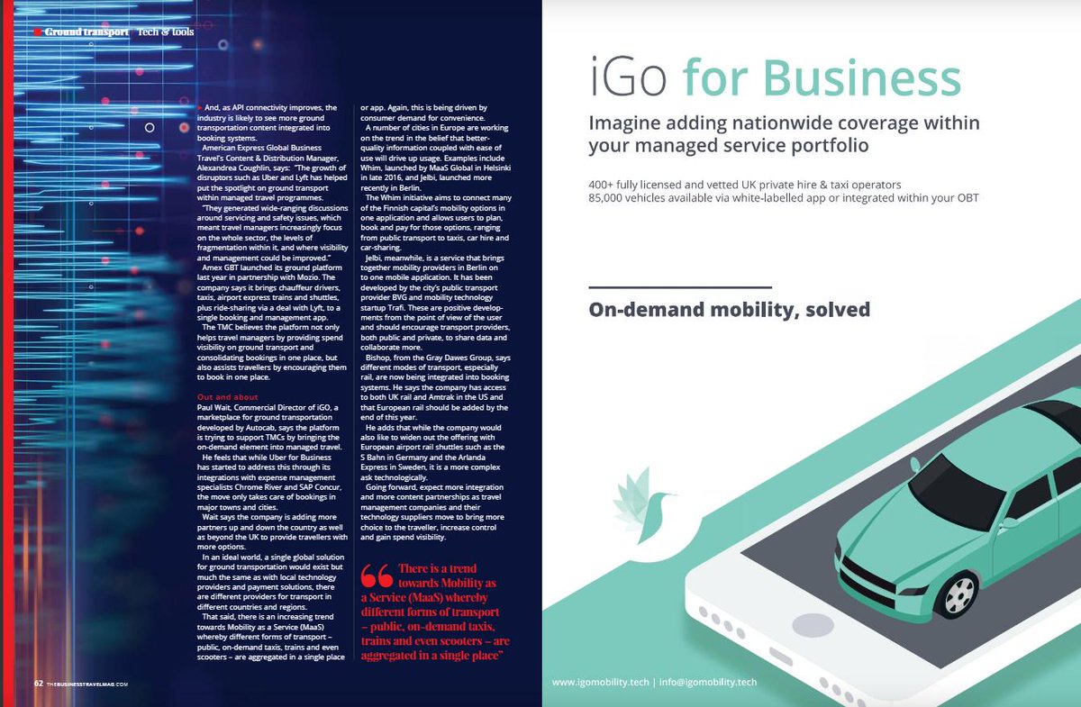 'iGo is trying to support TMCs by bringing the on-demand element into managed travel'

Check out our feature in @thebiztravmag this month - you'll find our Commercial Director, @pawait featured on pg 62 of the #groundtransport section: ow.ly/jCwn50wwgmJ

#iGo #MaaS