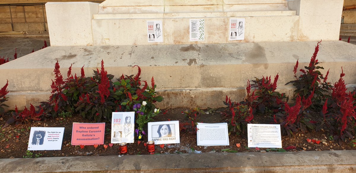 occupyjusticema's tweet photo. #MemorialWatch 102 weeks on from #DaphneCaruanaGalizia's assassination and the memorial continues to be rebuilt every day. We will not stop until justice is served @OwenBonnici @MaltaGov @RSF_inter @ECPMF @coe @article19org @JulietteGarside @AlexCrawfordSky @IFEX @pressfreedom https://t.co/U66JxIP5j2