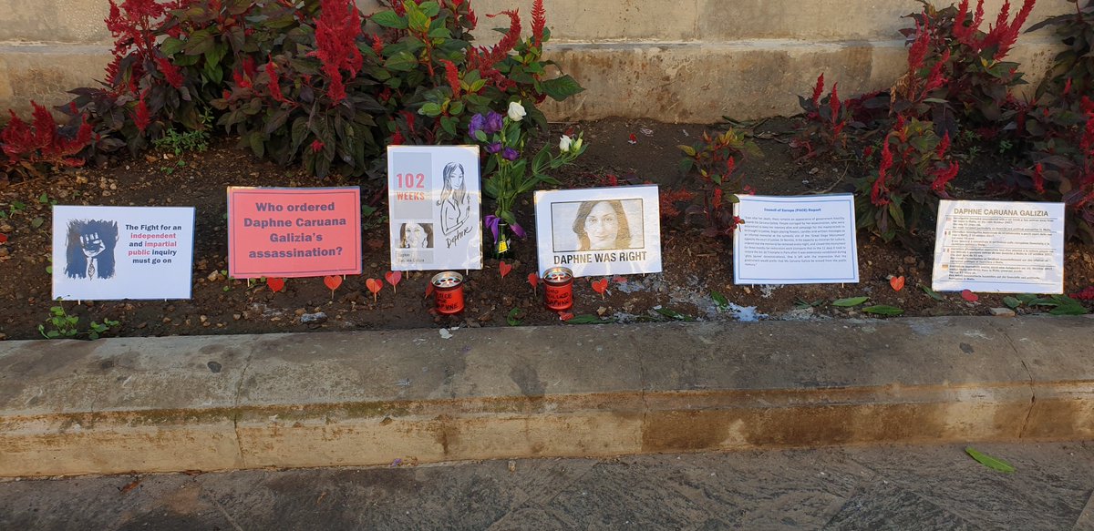 occupyjusticema's tweet photo. #MemorialWatch 102 weeks on from #DaphneCaruanaGalizia's assassination and the memorial continues to be rebuilt every day. We will not stop until justice is served @OwenBonnici @MaltaGov @RSF_inter @ECPMF @coe @article19org @JulietteGarside @AlexCrawfordSky @IFEX @pressfreedom https://t.co/U66JxIP5j2