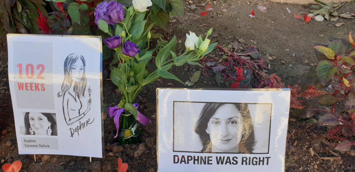 occupyjusticema's tweet photo. #MemorialWatch 102 weeks on from #DaphneCaruanaGalizia's assassination and the memorial continues to be rebuilt every day. We will not stop until justice is served @OwenBonnici @MaltaGov @RSF_inter @ECPMF @coe @article19org @JulietteGarside @AlexCrawfordSky @IFEX @pressfreedom https://t.co/U66JxIP5j2