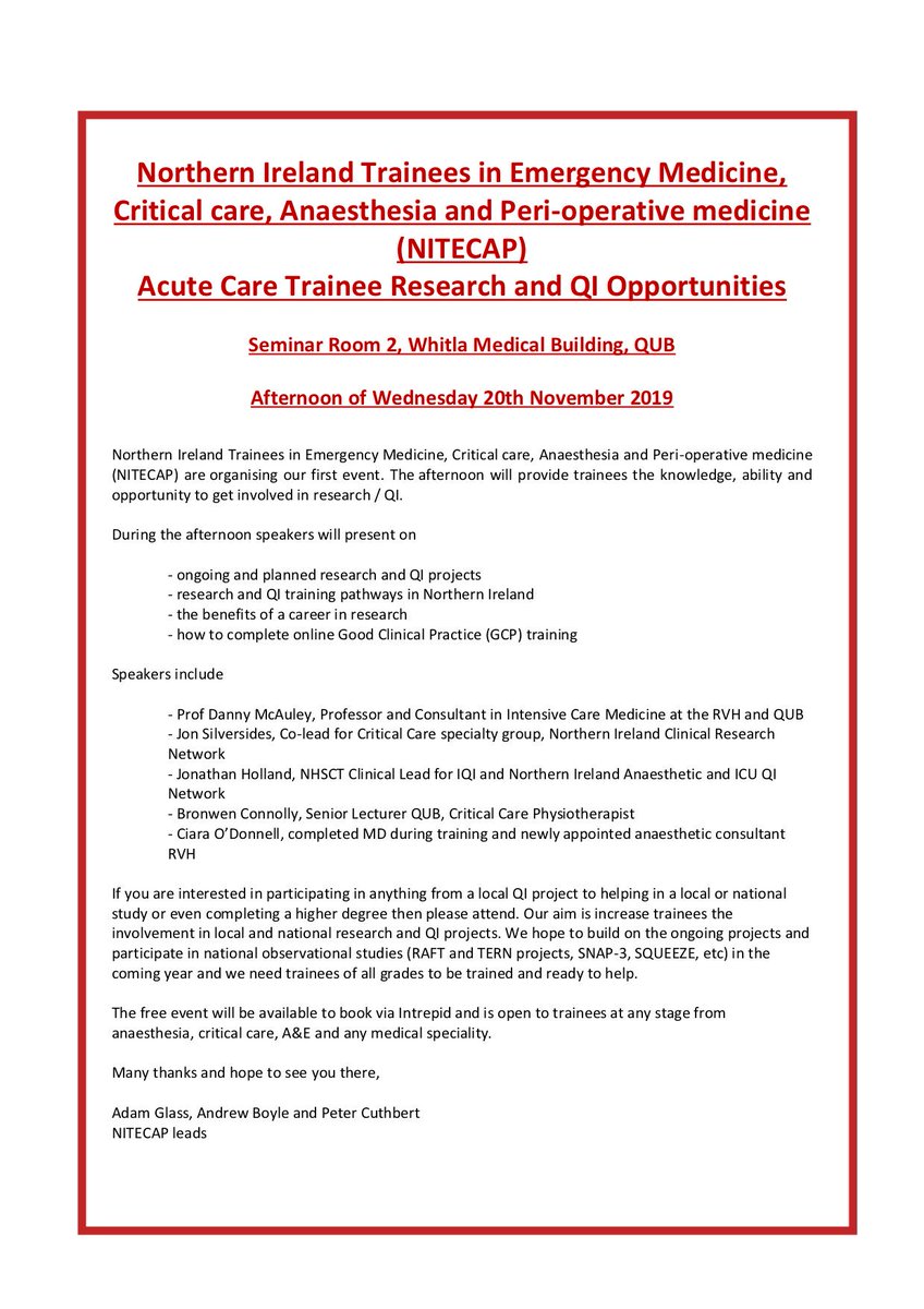 NITECAP (@nitecap_network) on Twitter photo We are hosting our first event! Acute Care Trainee Research and QI Opportunities, afternoon of 20th November. If you are interested in be involved in research/QI please come along. Speakers include <a href="/dfmcauley/">Danny McAuley</a> <a href="/bronwenconnolly/">bronwen connolly</a> <a href="/jon_silversides/">Jon Silversides</a> <a href="/jonnyholland/">Jonathan Holland</a> <a href="/CiaraPepe/">Ciara O’Donnell</a>. We are hosting our first event! Acute Care Trainee Research and QI Opportunities, afternoon of 20th November. If you are interested in be involved in research/QI please come along. Speakers include <a href="/dfmcauley/">Danny McAuley</a> <a href="/bronwenconnolly/">bronwen connolly</a> <a href="/jon_silversides/">Jon Silversides</a> <a href="/jonnyholland/">Jonathan Holland</a> <a href="/CiaraPepe/">Ciara O’Donnell</a>.