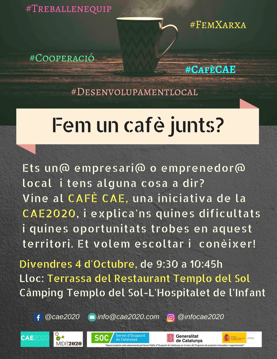 📌 Aquest divendres 4/10 una nova edició del #CafèCAE a #LHospitaletDeLInfant a la Terrassa del Restaurant del #CampingElTemploDelSol!
➡️ No us perdeu l’oportunitat de compartir la vostra activitat amb altres empreses del territori