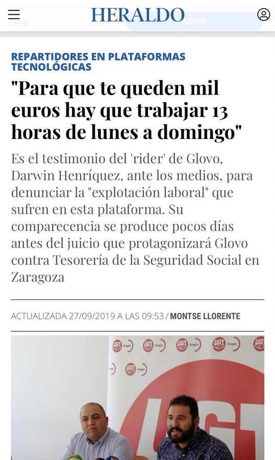 ridersxderechos's tweet photo. Hola @heraldoes hace semanas publicabais que en @Glovo_ES hay que trabajar 13h dirarias de Lunes a Domingo (91h semanales) para ganar 1.000€/mes. Hace 5 días decís que @Glovo_ES es una "maravilla". Será que alguien ha pagado para limpiar su imagen a pocos días del juicio en Zgz? https://t.co/OwzRkLkDZf