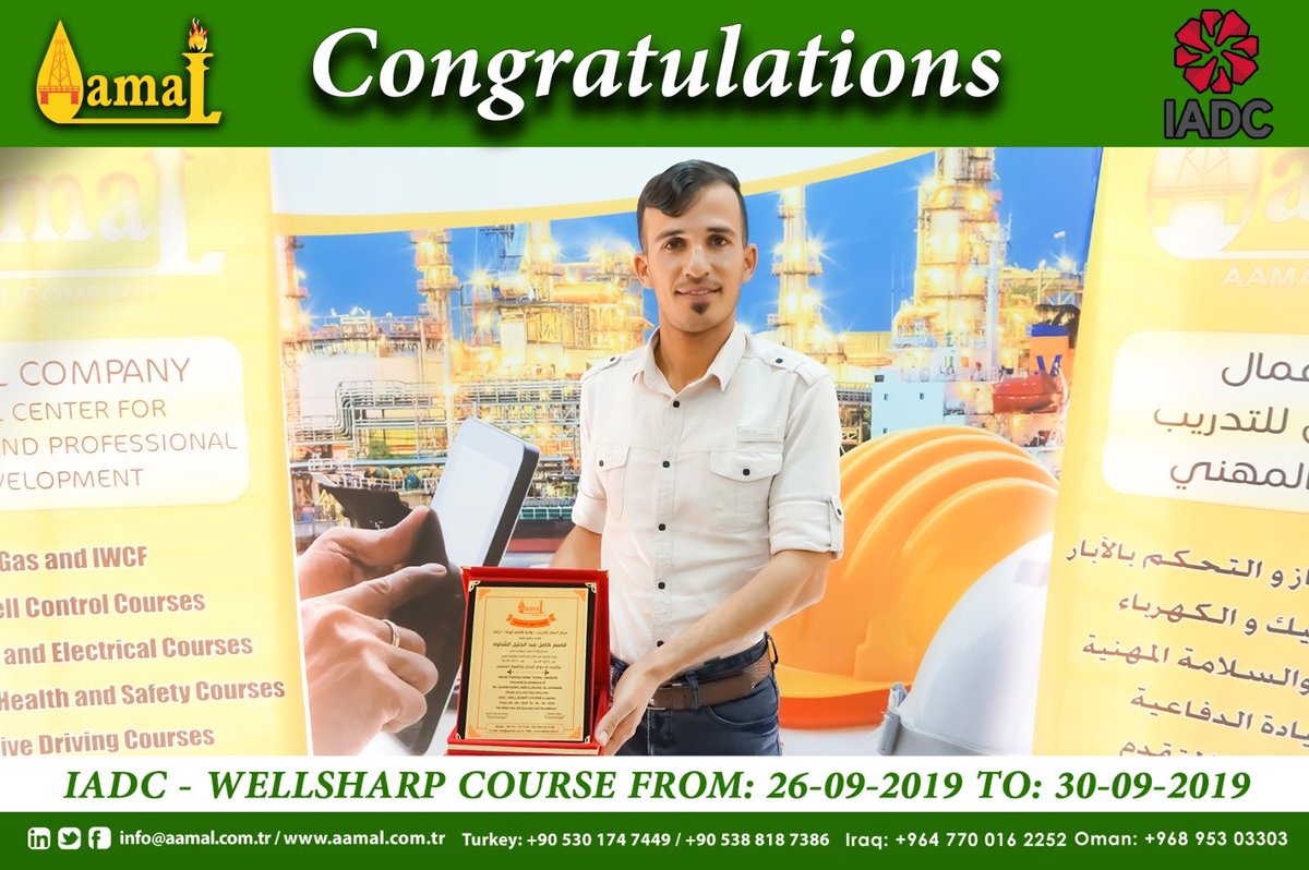 AAMALCo's tweet photo. An #IADC_Well_SHARP course was delivered at #AAMAL Training Center to a group of Trainees 
(DRILLER ). Both of them have successfully passed the tests.

#Congratulations
TURKEY:+90 530 174 7449
IRAQ:+964 770 016 2252
Oman: +968 953 033 03
info@aamal.com.tr
https://t.co/2iYSO11mCS https://t.co/2FVo2dk43w