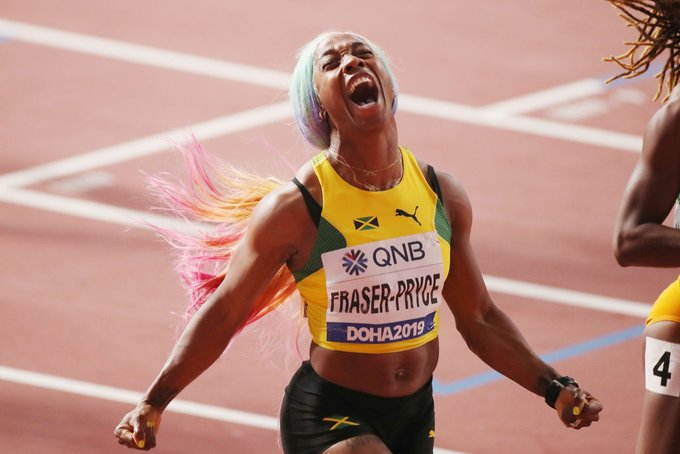 CopaAmerica2O2O's tweet photo. Shelly-Ann Fraser-Pryce takes GOLD in the Women's 100m with a world leading time of 10.71🇯🇲🇯🇲🇯🇲

@realshellyannfp is literally a UNICORN🦄
#WorldAthleticsChamps 
#IAAFDoha2019 
#IAAFWorldAthleticsChampionships 

@TonyHusband @cwilliams400 @JoCalvino https://t.co/4zhBQkCsJ5