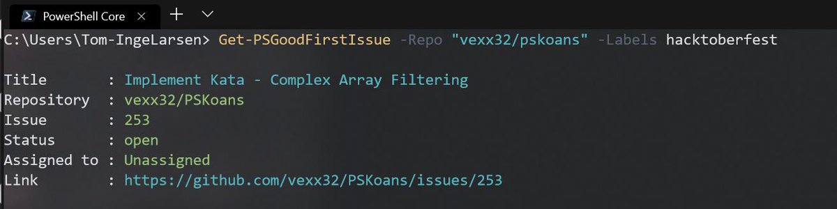 ti83's tweet image. #Hacktoberfest is almost upon us! If you are unsure of what to start with, you can use the PS-GoodFirstIssue module! github.com/tomlarse/Get-P…