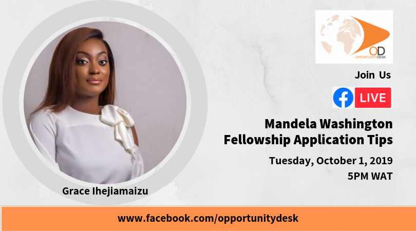 OpportunityDesk's tweet image. Are you applying for the 2020 Mandela Washington Fellowship? 

Got questions?

Join us tomorrow at 5:00pm WAT for a Live Session with @graceiheji!

Venue: facebook.com/opportunitydesk #ODTips