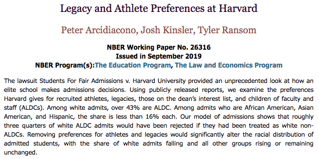 New paper: More than 40% of white Harvard admits are “ALDC”: athletes, legacy, Dean’s interest (donors' kids), or children of faculty

Researchers find: 

1. 70+% of such admits would be rejected w/o preferences.

2. Without ALDC preferences, total admits would be more diverse.